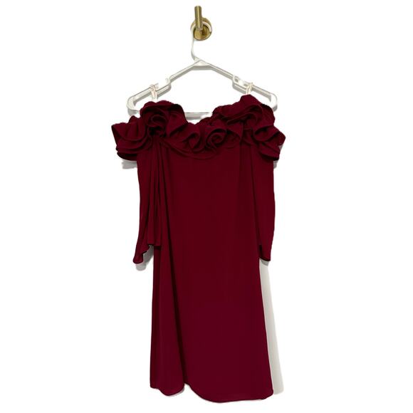 Halston Heritage NWT off-the-shoulder mini dress burgundy ruffled neckline - Picture 4 of 11